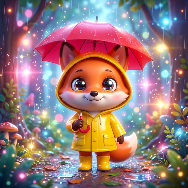 Generic AI children's illustration: glossy fox with huge sparkly eyes