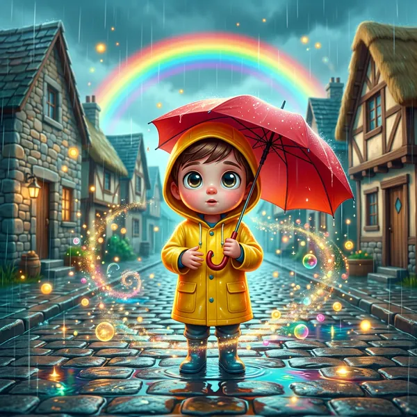 Generic AI children's illustration: boy under a rainbow with fairy dust