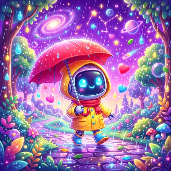 Generic AI children's illustration: neon robot with galaxy swirls