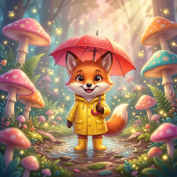Generic AI children's illustration: waxy fox in a glowing mushroom forest