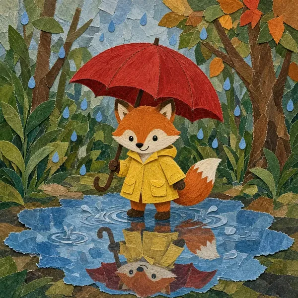 a fox in a raincoat, redone in the Painted-paper collage style