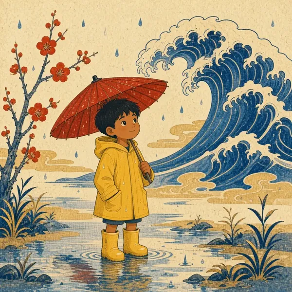 a boy in a raincoat, redone in the Ukiyo-e story style