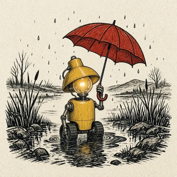 a robot in a raincoat, redone in the Fable woodcut style