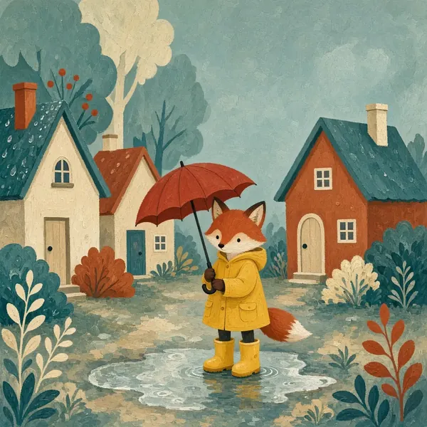 a fox in a raincoat, redone in the Folk-modern house gouache style